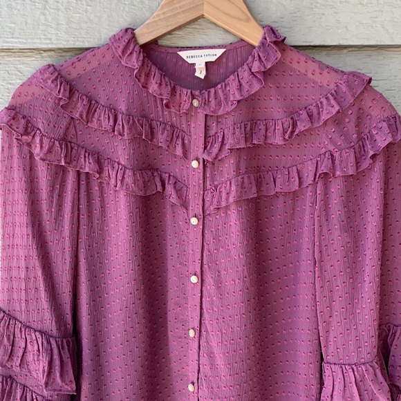 Rebecca Taylor Swiss Dot Satin Dot Ruffle Purple Blouse button down Long Sleeve - Picture 4 of 10